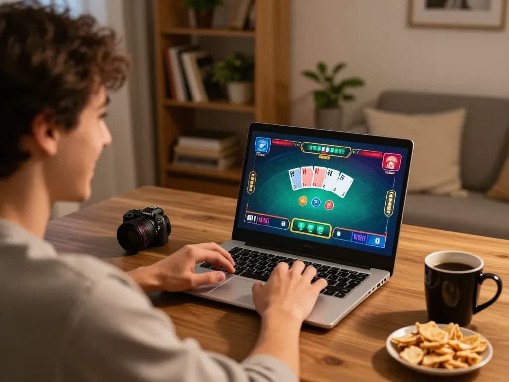 Engaged player enjoying an online poker game on okking1, with a cozy home setting, showcasing the excitement of responsible gambling.