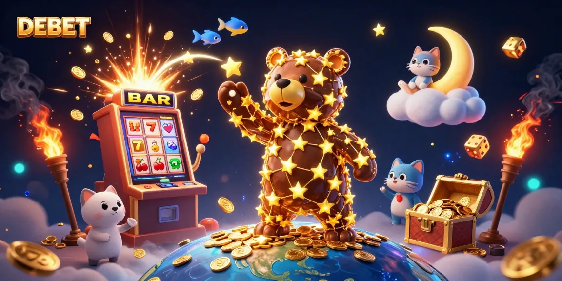 Engage with DEBET featuring a constellation bear and slot machine in a vibrant casino scene.