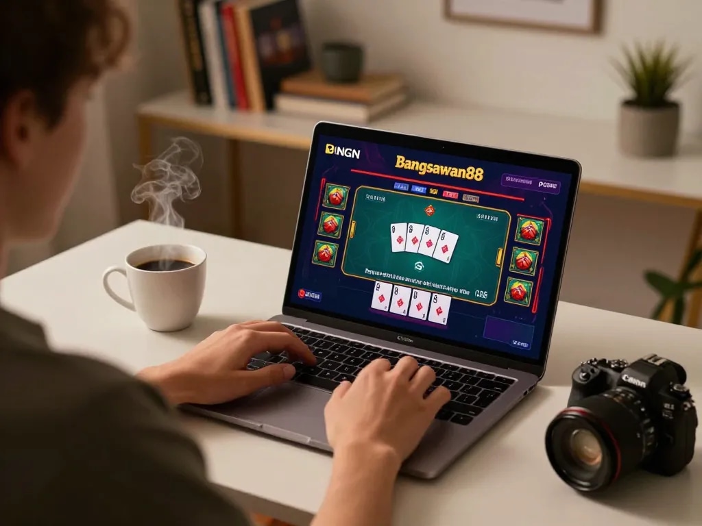 Bangsawan88 player engaging in an online casino game with strategic poker action visible on the screen.
