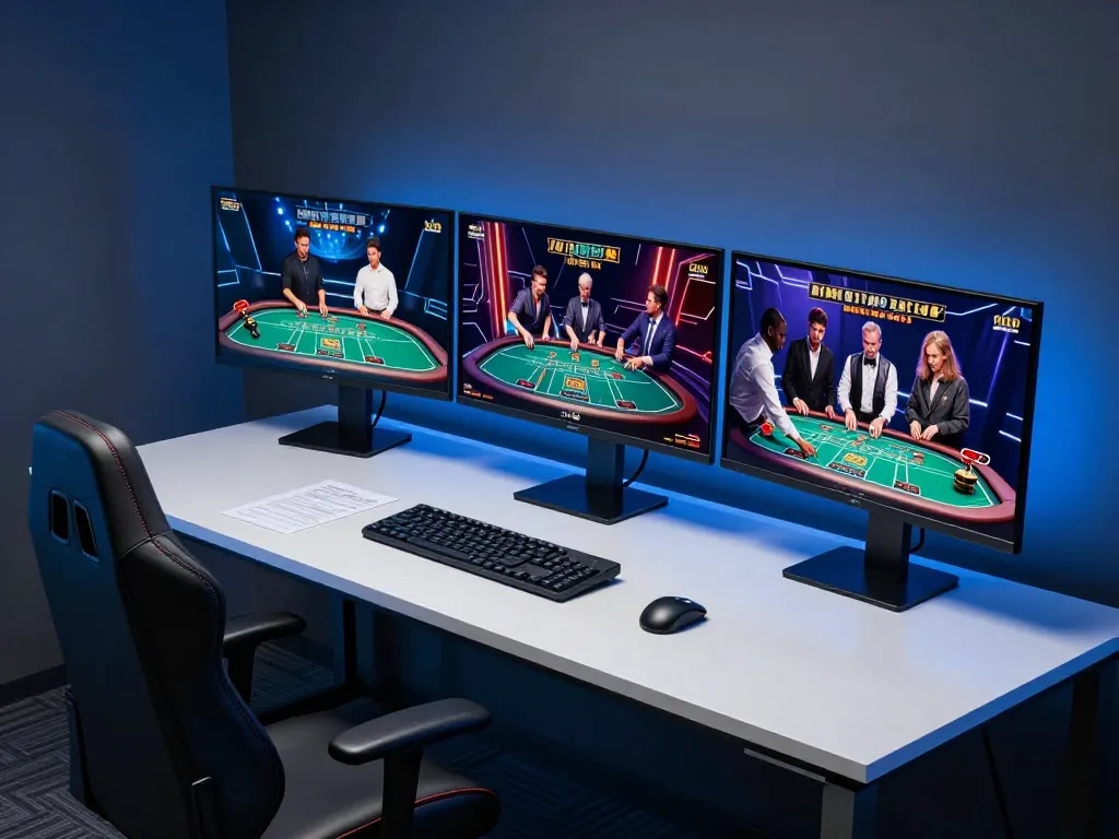 A player engaged in live dealer games on 88vv, showcasing multiple screens and strategic tools for better odds.