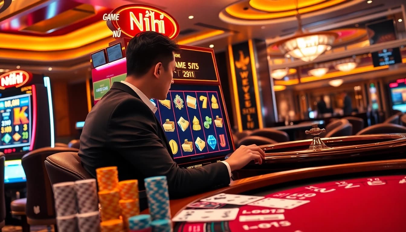 Professional gambler engaging with game nổ hũ slot machine showcasing high RTP and jackpot features