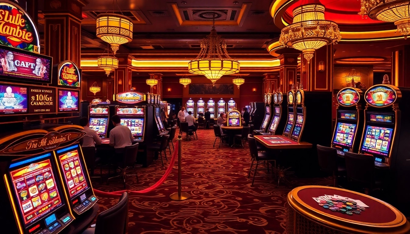 Gamblers enjoying their spins at vibrant slot machines in a luxury casino environment.