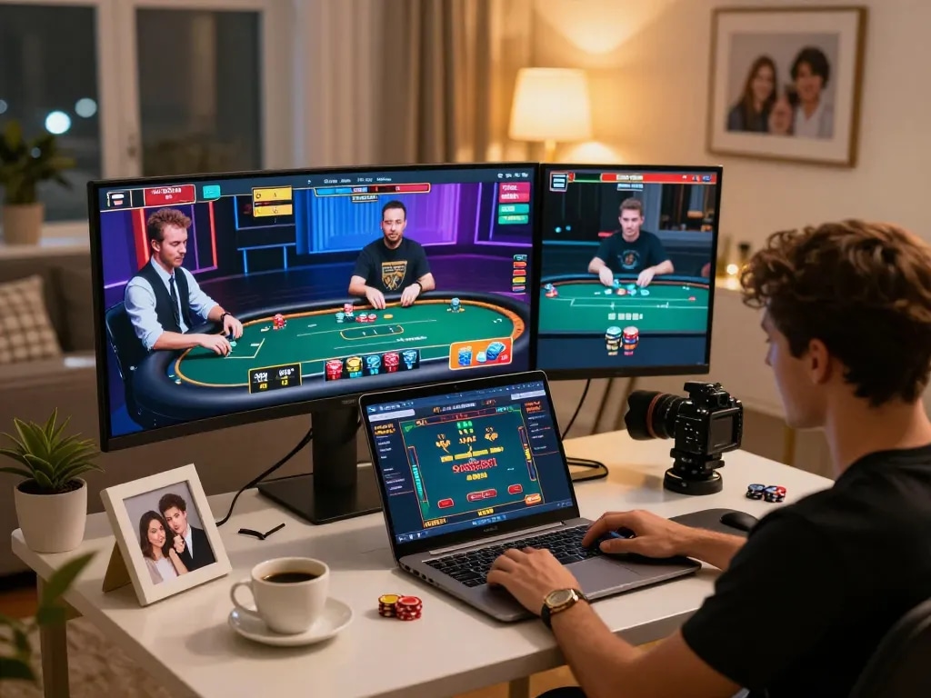 Engaging online poker experience at ymm88.cyou showcases an immersive home gaming setup.