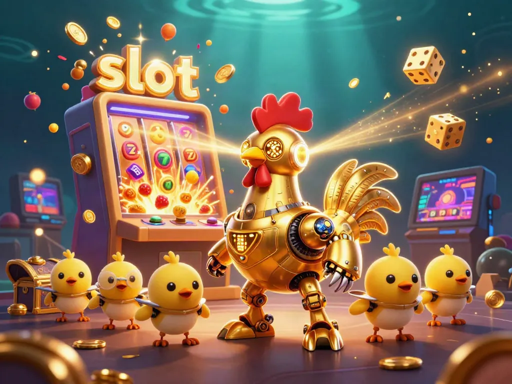 Engage with exciting slot machines as golden rooster robots beam luck at a vibrant casino.
