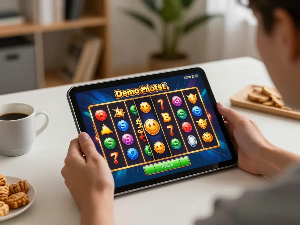 Menikmati sesi Demo Slot PG Soft Mirip Asli di tablet dalam suasana rumah yang nyaman.