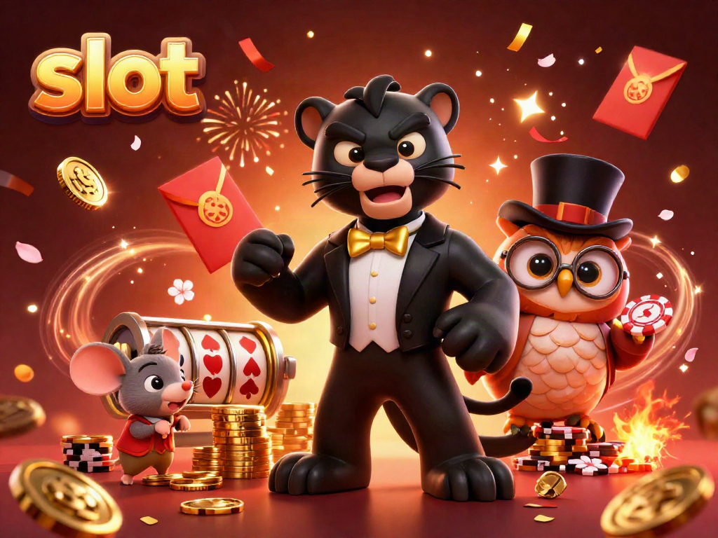 Slot mesin yang memikat dengan panther keren, burung hantu, dan tikus beruntung, semua dalam suasana meriah.
