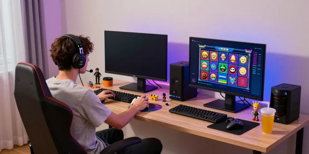 Akujp gaming setup with a player immersed in vibrant slot games on dual monitors.