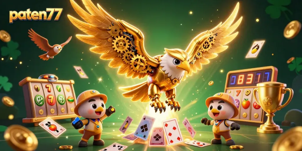 Experience thrilling gameplay at paten77 with an ultra-detailed 3D illustration of a golden eagle amidst slots and jackpots.