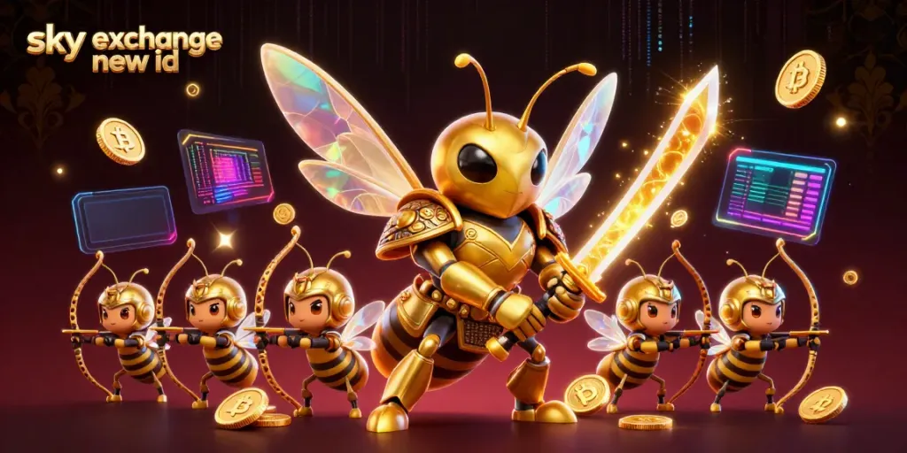 Engage with the vibrant world of sky exchange new id, where unique characters prepare for betting battles surrounded by glowing cryptocurrencies.