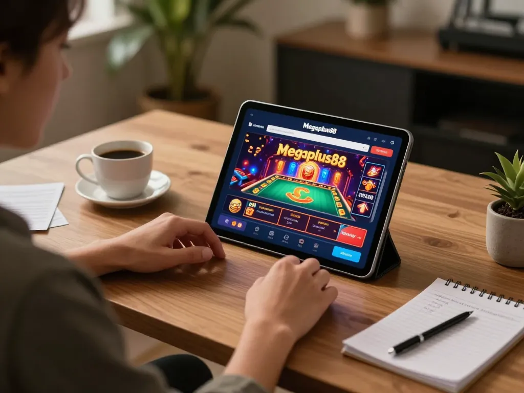 Engaging with the Megaplus88 casino app on a tablet during a cozy online gaming session.