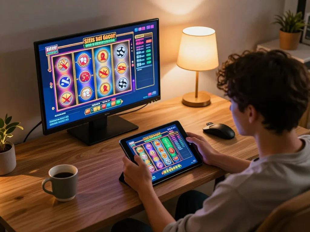 Engaged player enjoying situs slot gacor on tablet, colorful slot interface visible, cozy home setup.