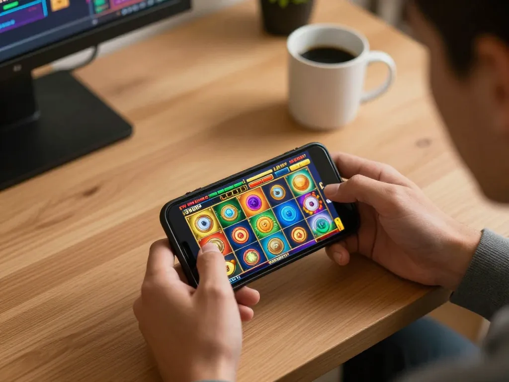 Engaging in link slot gameplay on a smartphone amidst a cozy home office setup.