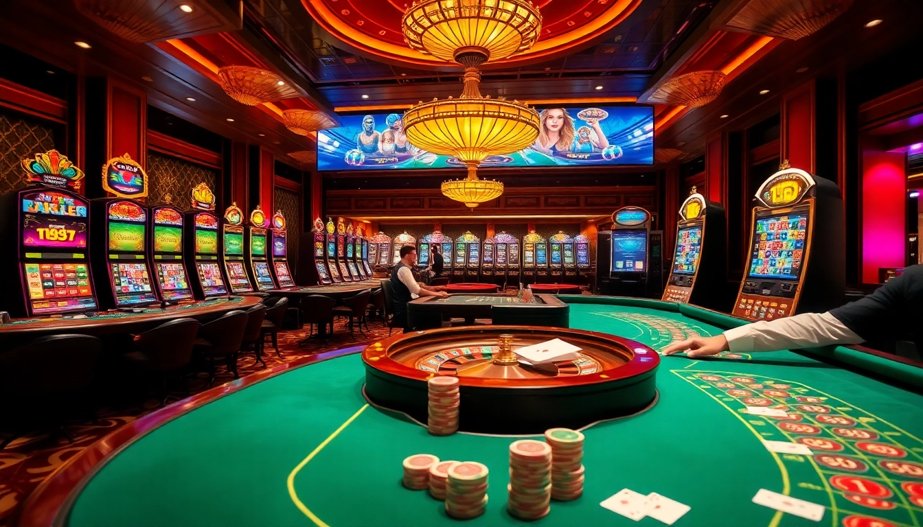 Exciting scene at thabet casino with players engaged in poker and vibrant slot machines.