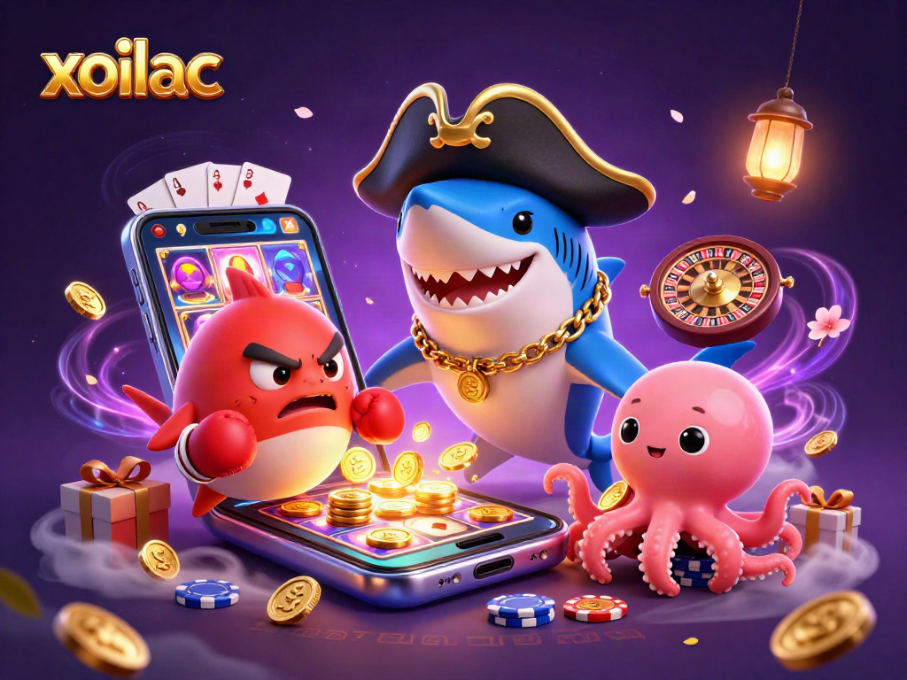 Cá mập hải tặc xoilac đang dẫn đầu, kèm theo cá nóc và bạch tuộc, cùng các món đồ casino sôi động.