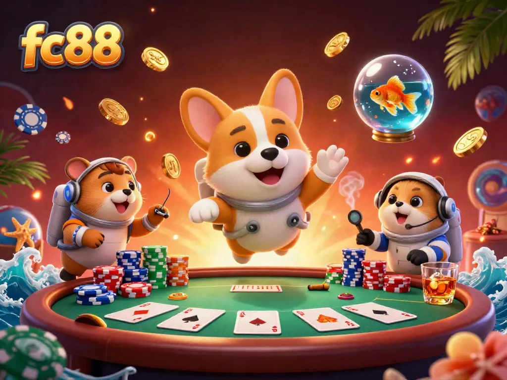 Experience the excitement of fc88 space casino with floating poker chips and a lively atmosphere.