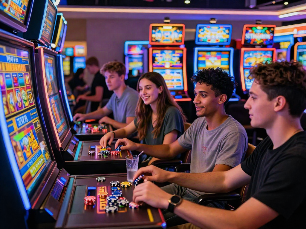 Engaging scene of young adults playing A80 online slot games in an exciting casino atmosphere, showcasing vibrant slot machines and lively camaraderie.