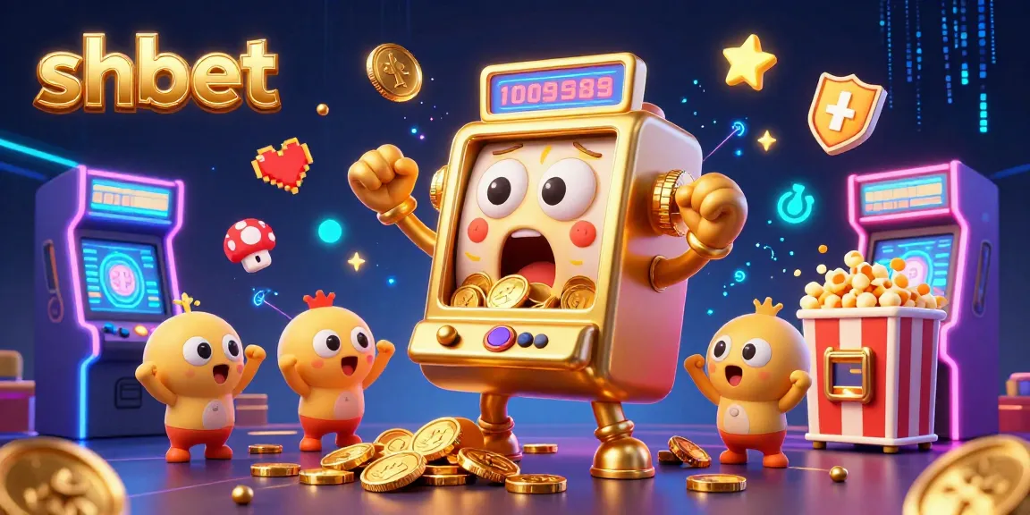 Join the fun with shbet's cartoon slot machine celebrating its jackpot win amidst exciting casino elements.