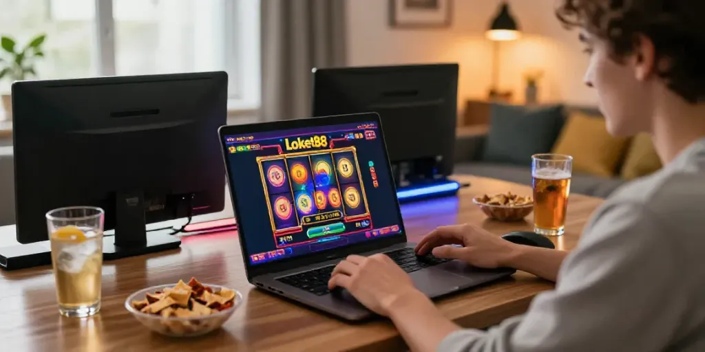 Engaged user playing loket88 online slots in a vibrant home setting.