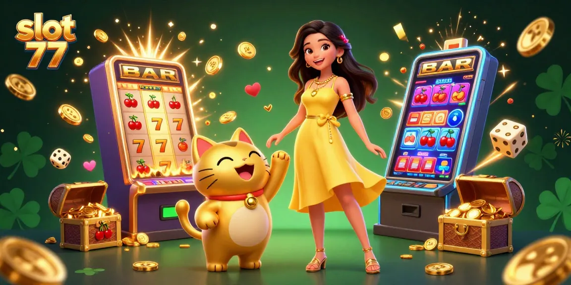 Spin and win at slot 77 with cheerful character and golden lucky cat amidst dynamic casino elements.
