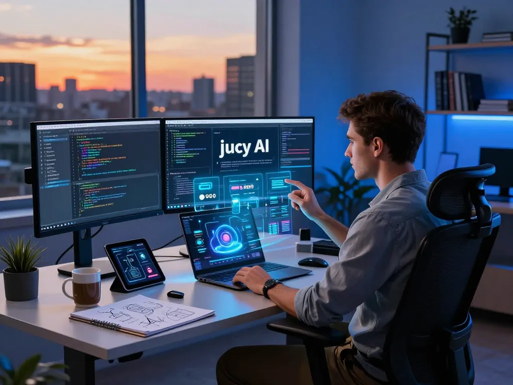 Engaged developer working on juicy ai platform in a modern tech workspace.