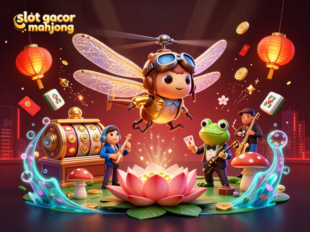 Engage with slot gacor mahjong while enjoying a vibrant 3D scene of a dragonfly pilot, frog croupier, and jazz musicians.