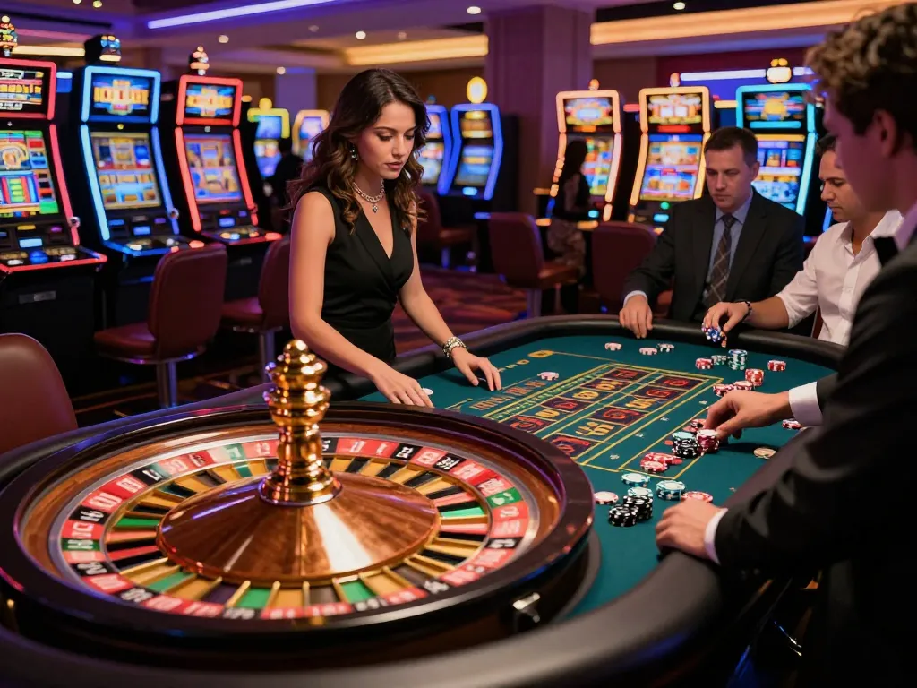 Players engaging in an exciting roulette game at shbet.com, with vibrant chips and a spinning wheel creating an electric atmosphere.