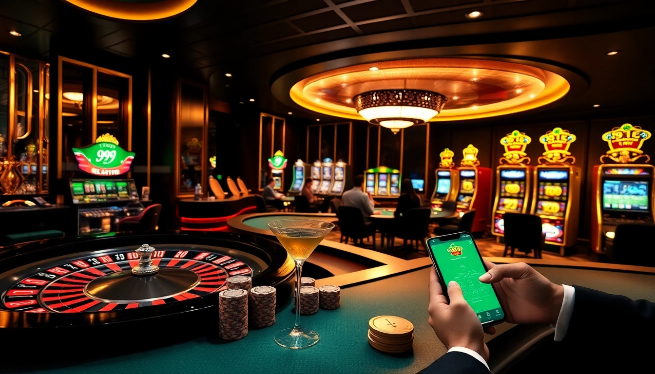 Experience the thrill of gambling at 99.win with elegant casino tables and vibrant slot machines.