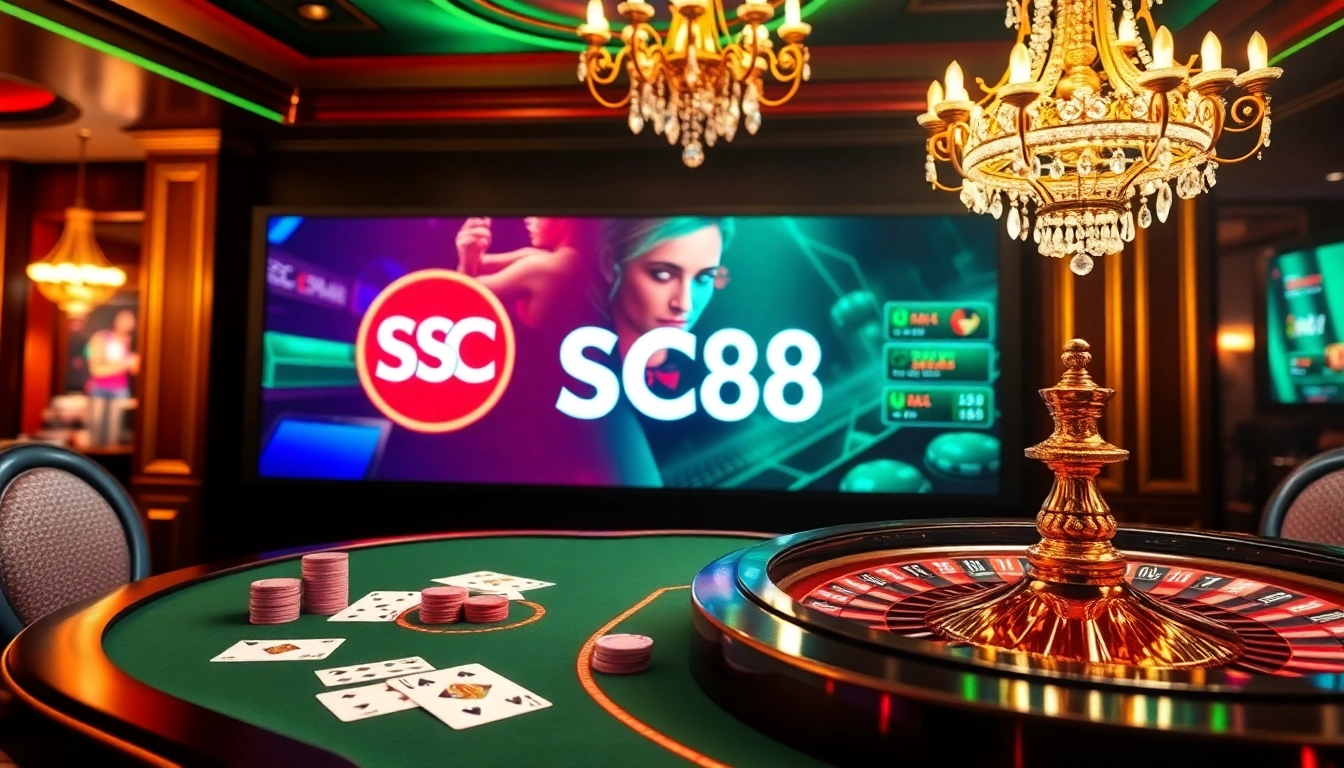 Experience the excitement of Trang cược SC88 with poker tables, chips, and a luxury casino ambiance.