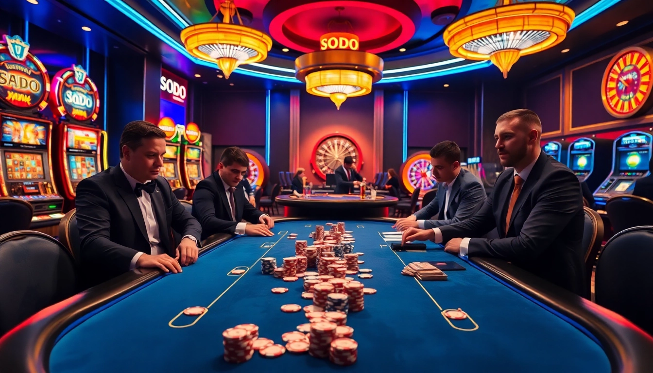 SODO casino scene featuring players at a poker table, vibrant ambiance, and thrilling gambling activities.