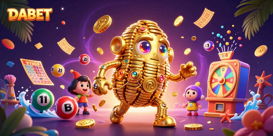 DABET engages players with a vibrant 3D golem and dynamic lottery elements in an exciting gaming scene.