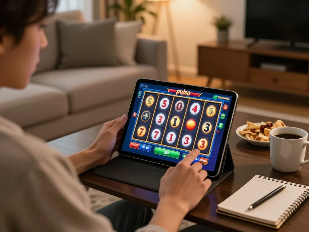 Player enjoying a slot pulsa game on a tablet at home, showcasing interactive online gambling