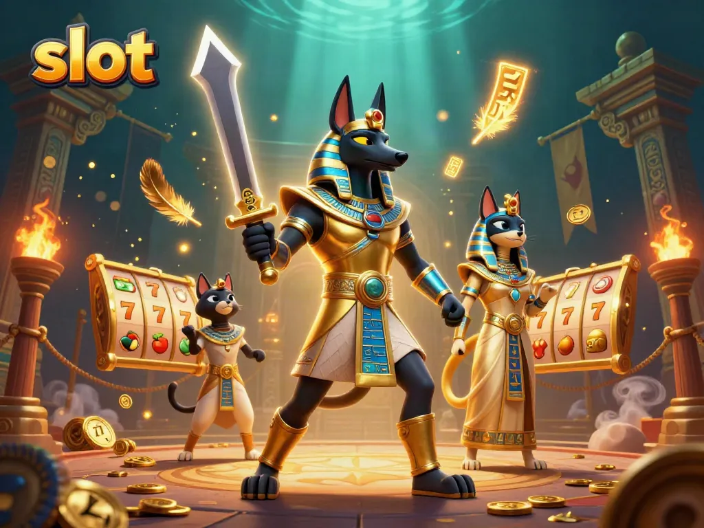 Experience thrilling slot action with Anubis and Bastet in a vibrant casino scene.