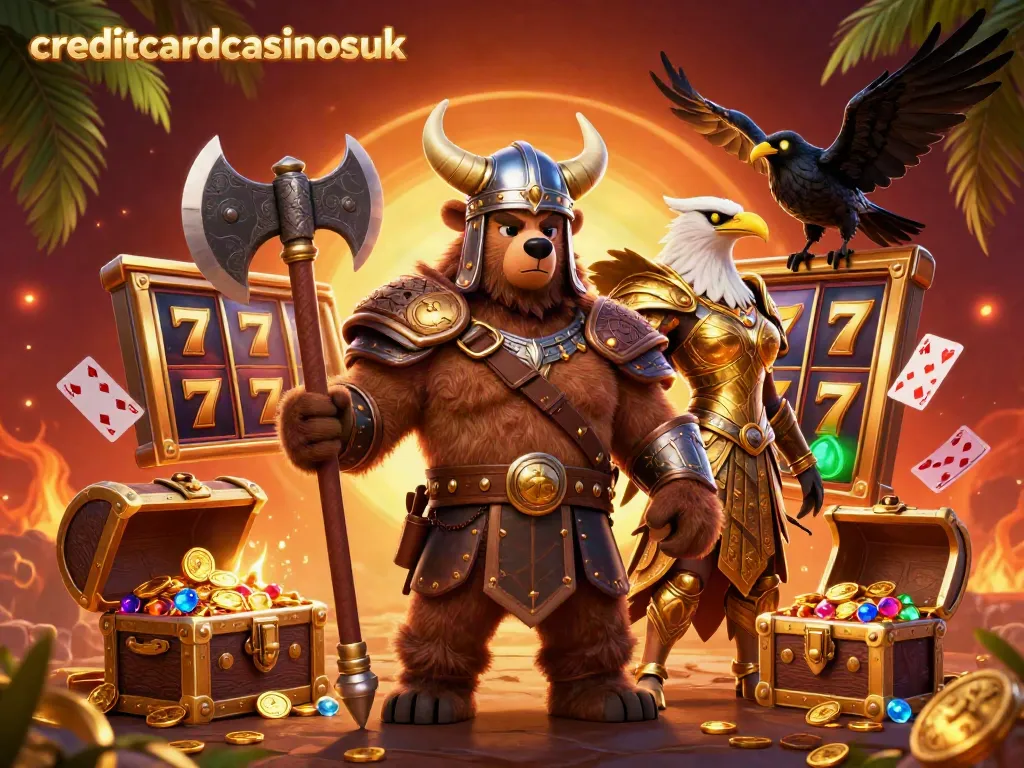Engage in exciting slots action at creditcardcasinosuk with dynamic 3D Viking characters and casino elements.