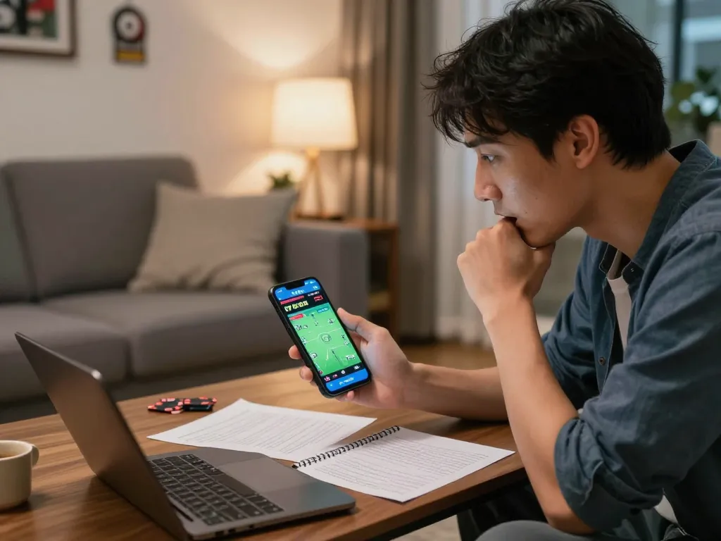 Person tracking kèo nhà cái updates on smartphone while enjoying live sports at home.