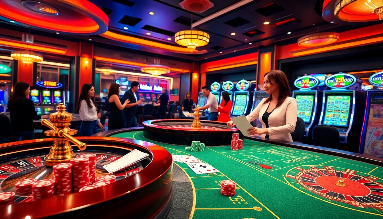 A dynamic casino scene at Nhà Cái GO88 with vibrant tables, cards, and players showing excitement.