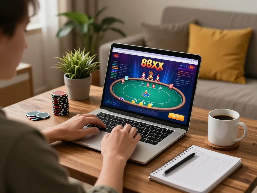 Person engaging in online poker on 88xx platform, showcasing gaming setup and strategy notes.