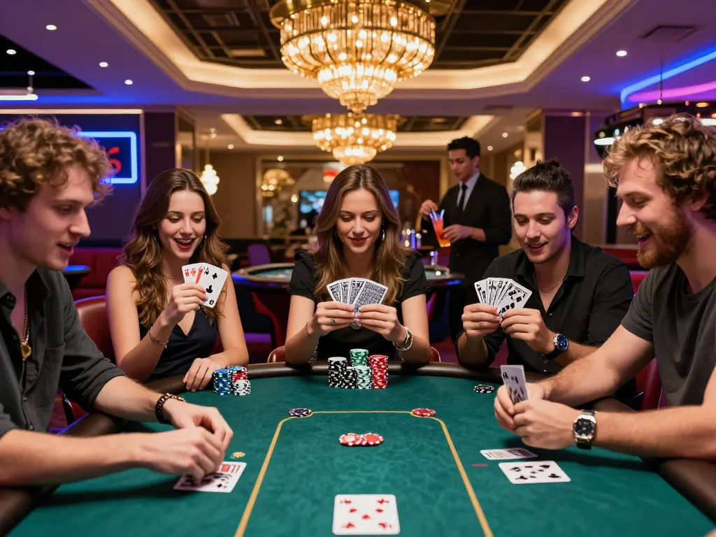 Engaging friends playing at a SBOBET88 poker table in a lively casino atmosphere.