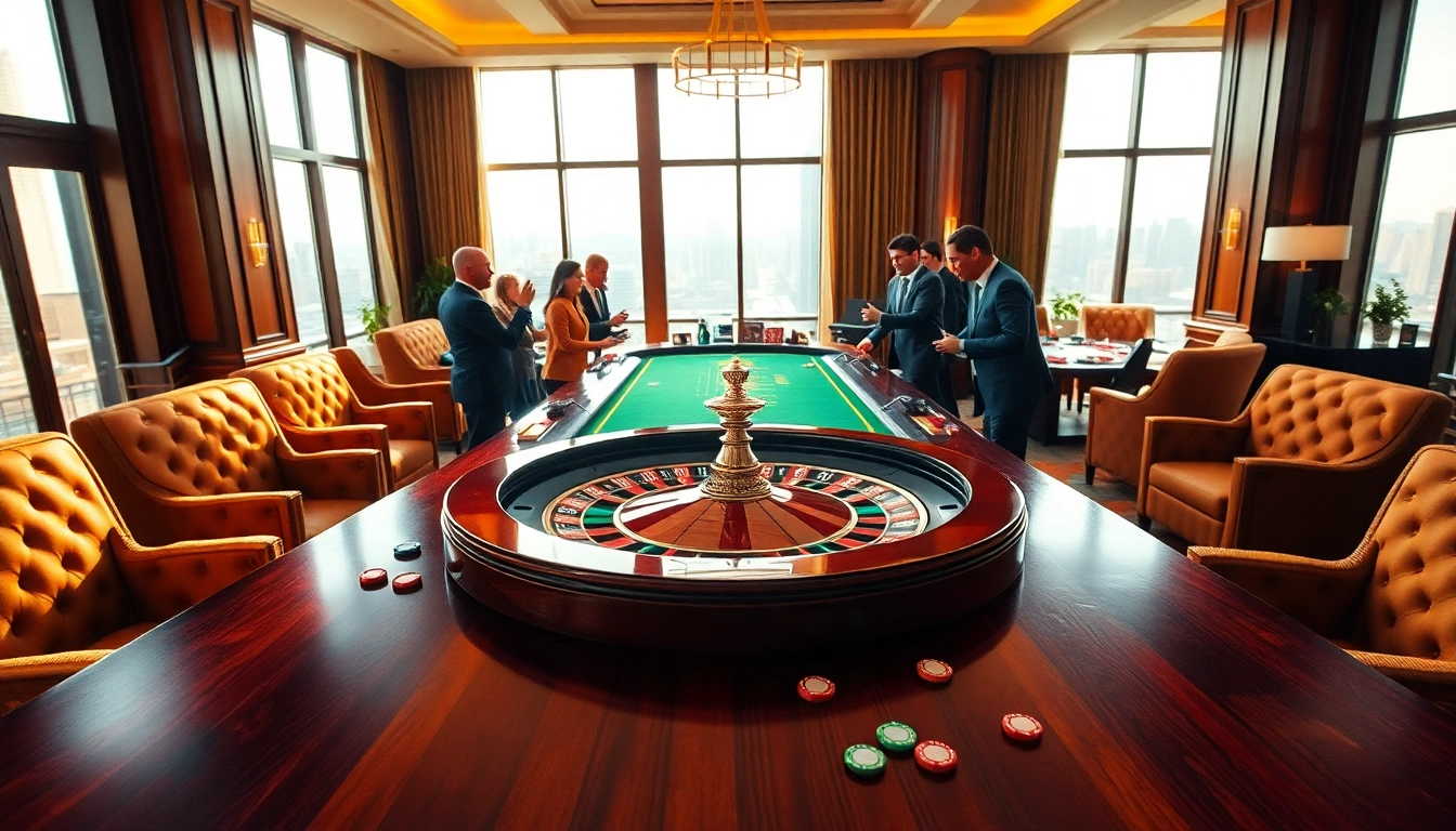 Erleben Sie spannende casino-spiele de in einem eleganten Casino-Setup mit Spielern und einem Roulettetisch.