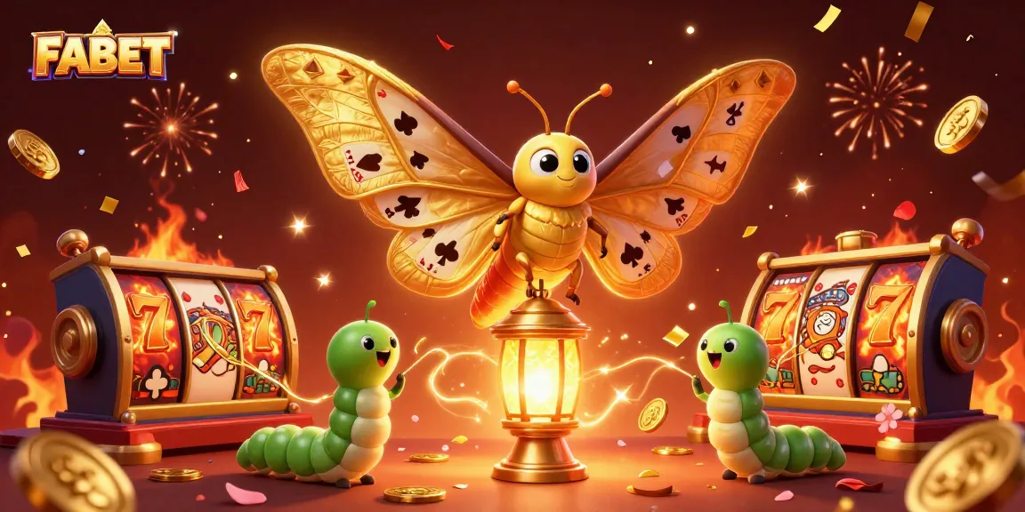 FABET’s vibrant casino scene featuring a cartoon moth, slot reels, and festive decorations.