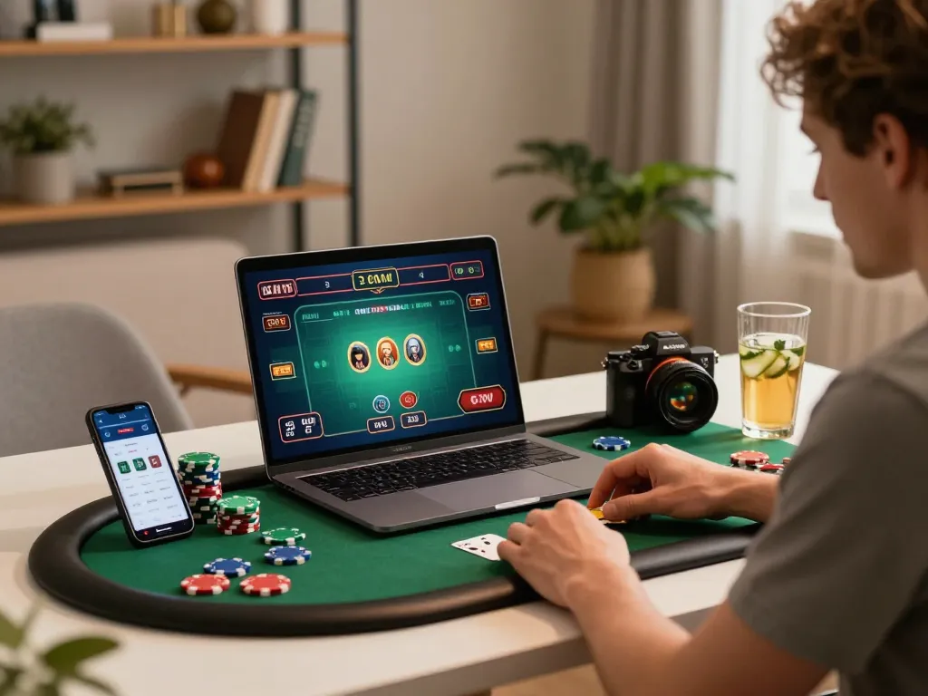 Player enjoying poker online with Tr888, engaged at a modern gaming desk setup.