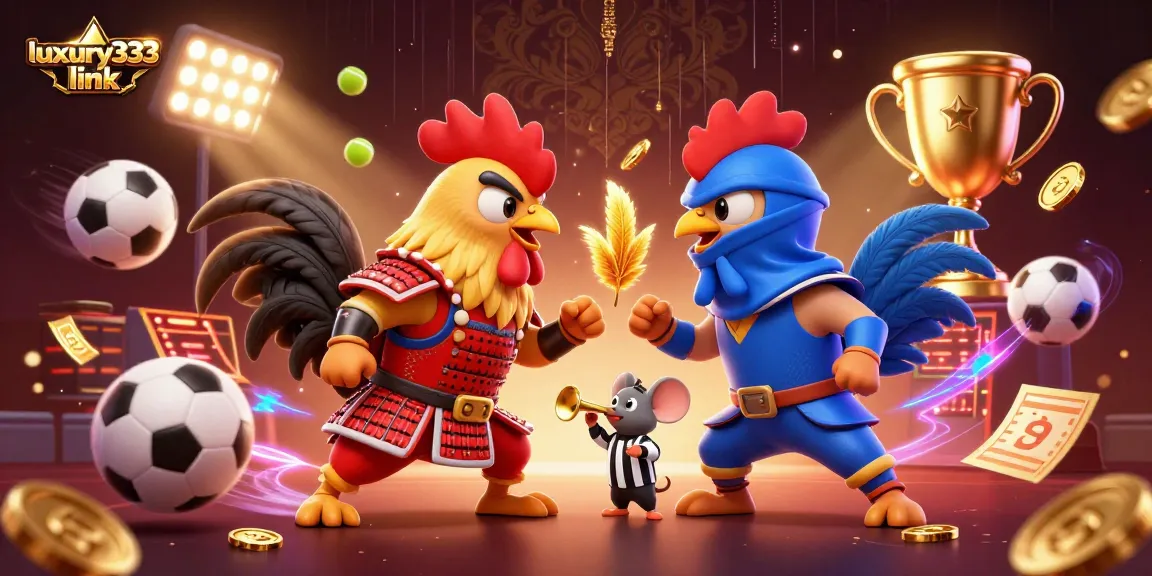 Menampilkan standoff antara ayam jantan samurai merah dan ninja biru di arena, luxury333 link ditampilkan.