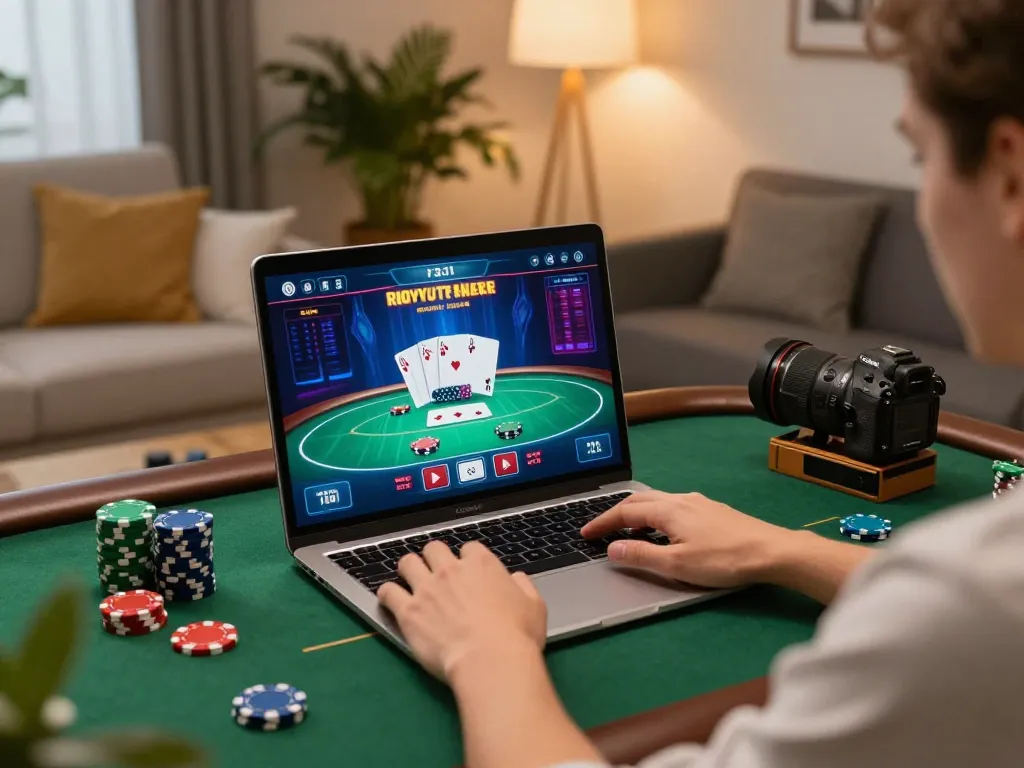 Kuwin player's engaging with online poker game on laptop in cozy home environment