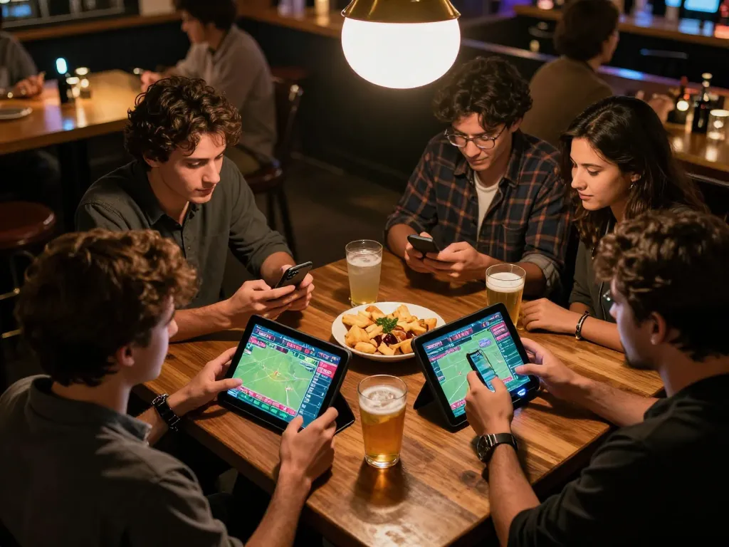 Excited patrons check odds and bet on snk88 during sports betting at a vibrant sports bar.