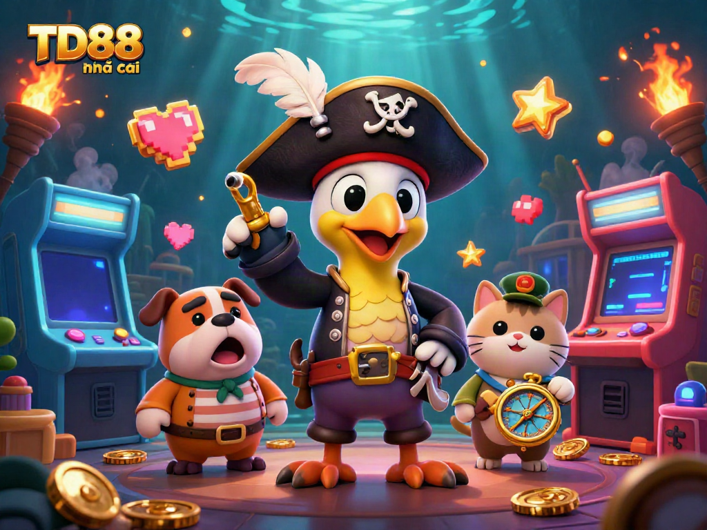 Engage with TD88 nhà cái's vibrant casino atmosphere featuring a pirate captain, arcade elements, and glowing treasures.