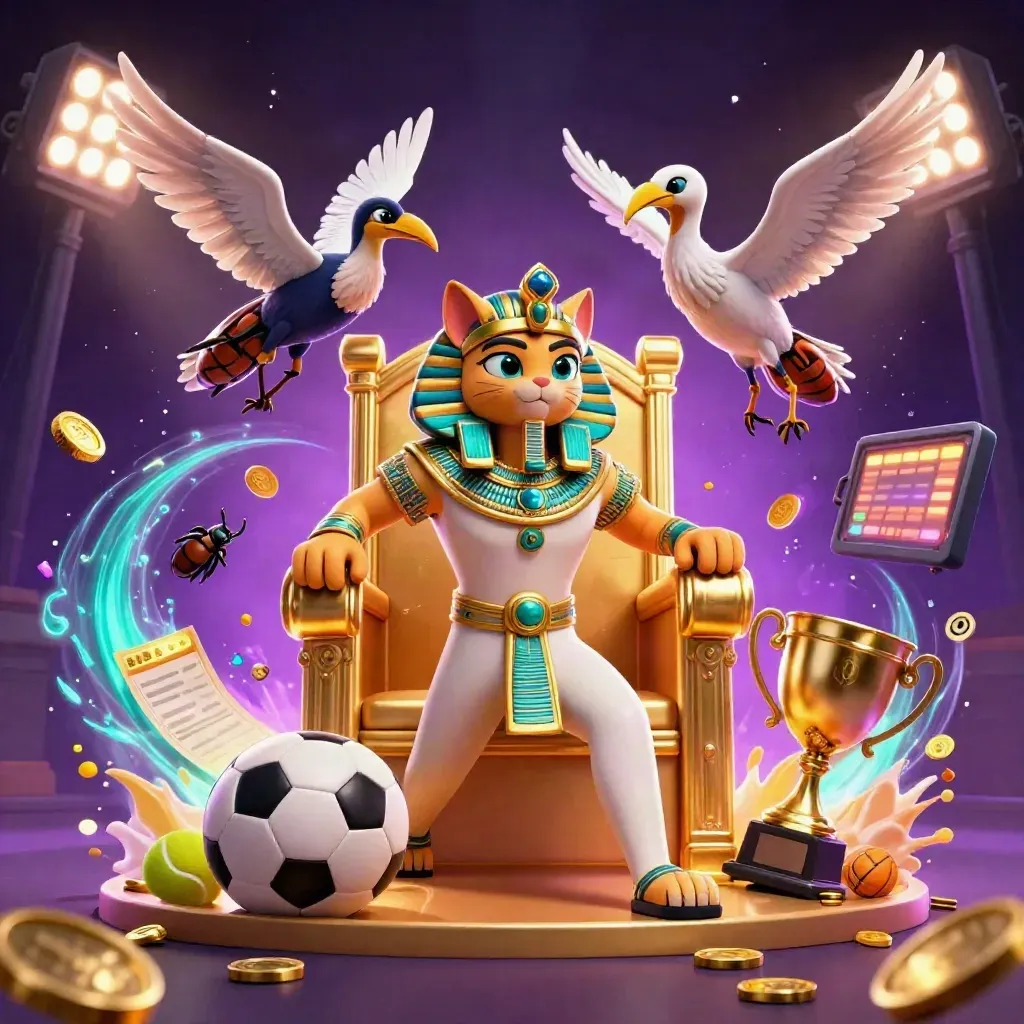 Pharaoh cat, ibis scribe and scarabs burst amid flying sports balls, gold coins and neon arena light.
