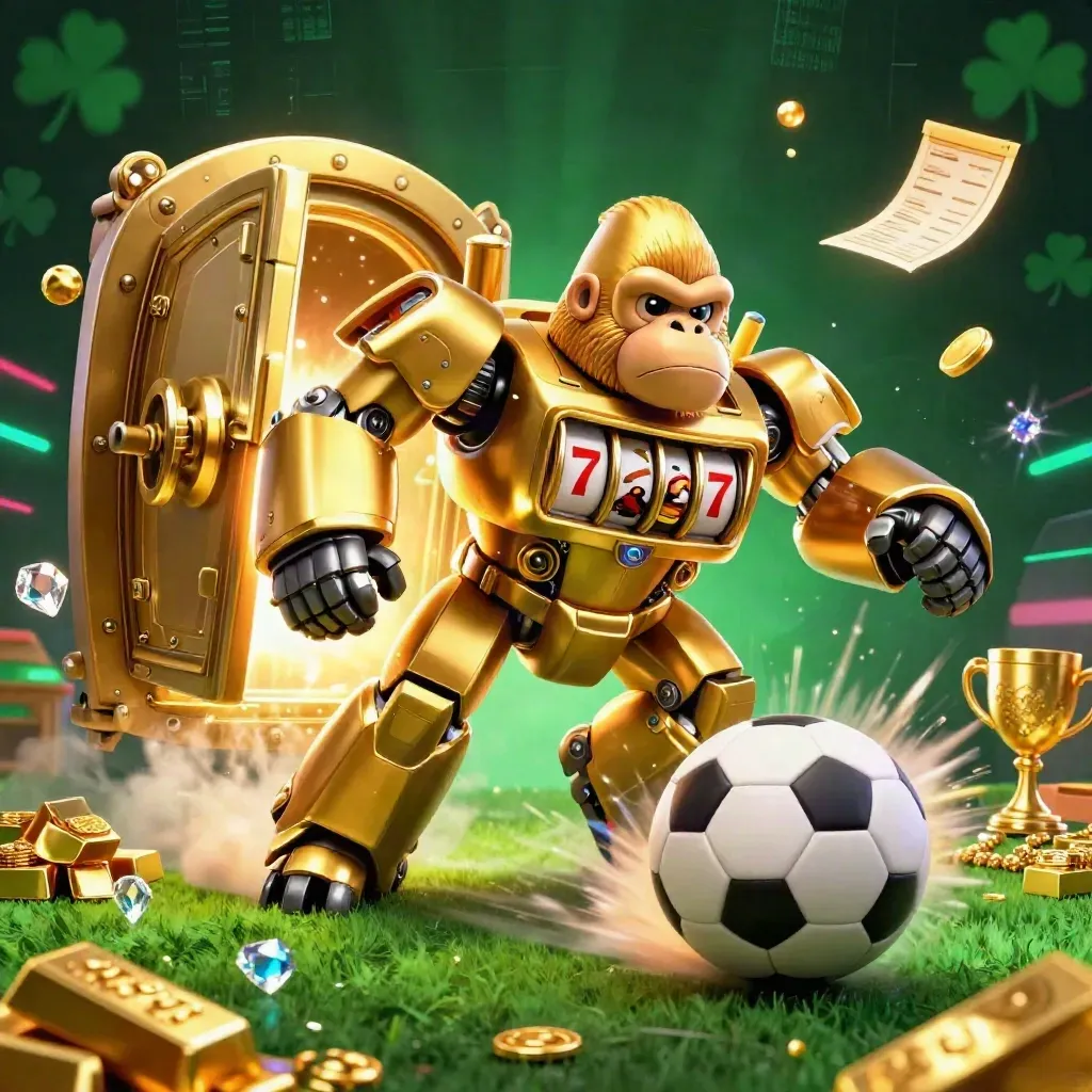 Golden gorilla mech with monkey pilot, soccer ball, vault burst, gold and gems in emerald casino light.