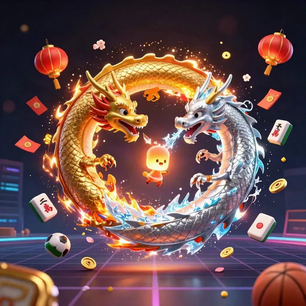 Gold and silver dragons spiral in fire-and-ice with casino icons in a neon dark backdrop.