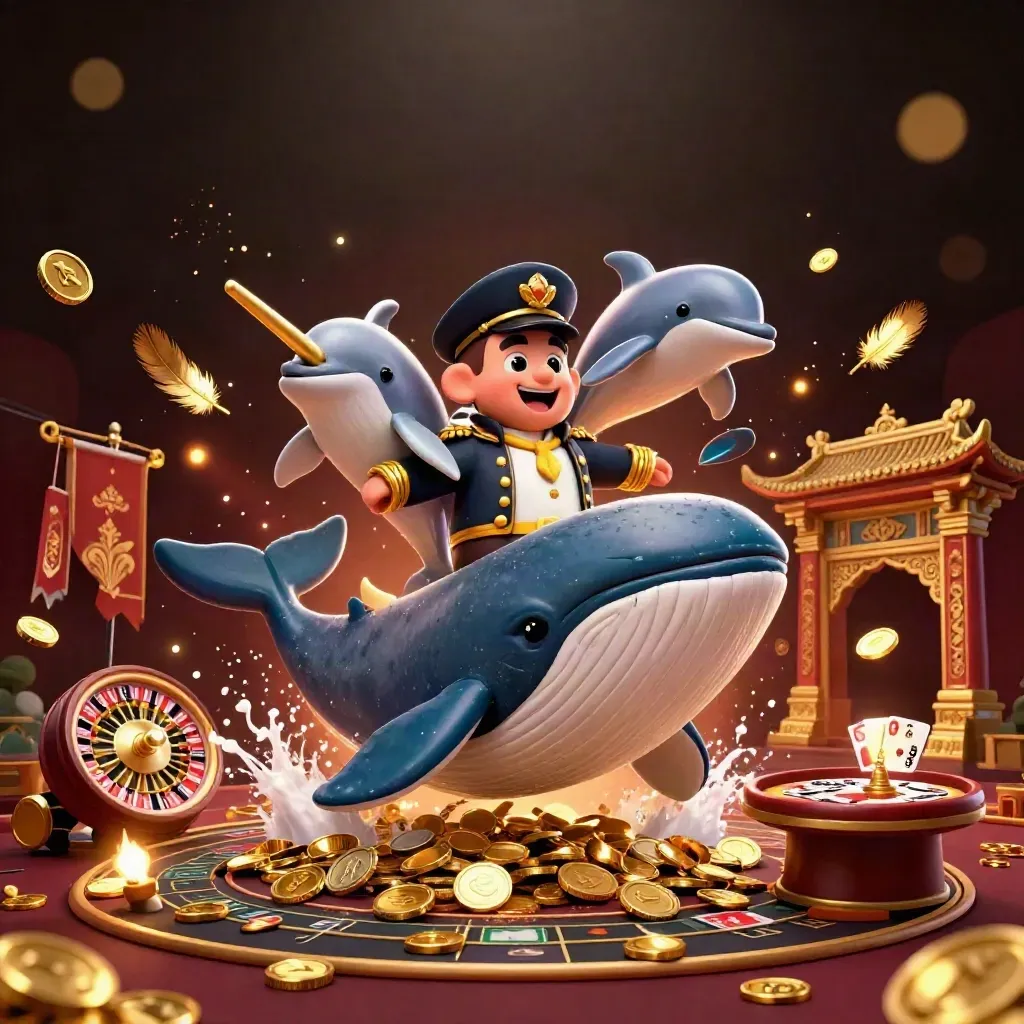 Whale captain, narwhal, and dolphins burst through coins in a luxe casino fantasy scene.