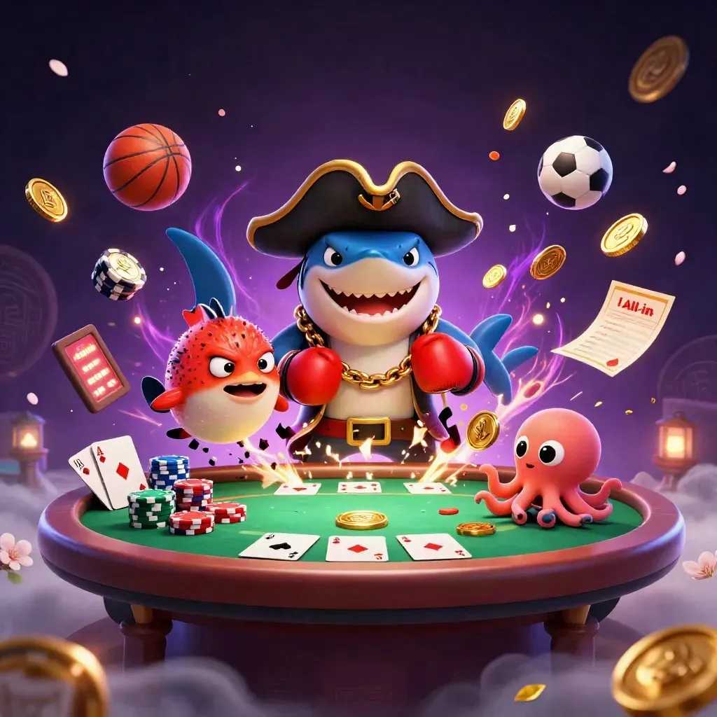 Pirate shark, red pufferfish, and baby octopus amid casino chips, cards, and glowing sports props.