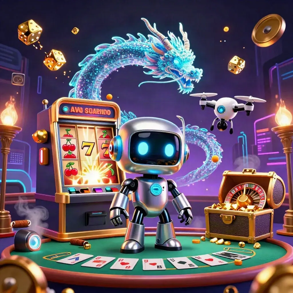 Cyberpunk robot, holographic dragon and coin drone amid a luxe casino burst of gold and neon.